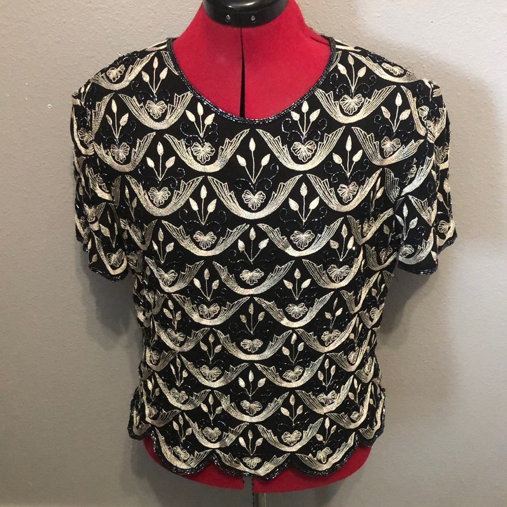 Vintage Papell Boutique Evening top Women's XL formal sequins cocktail silk 100%